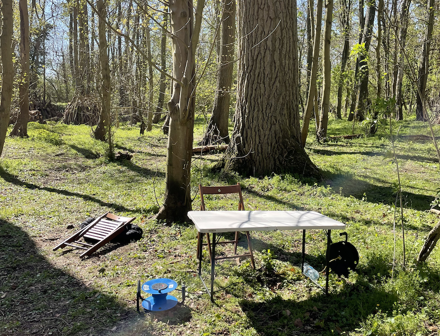 A desk in the middle of the forest grounds Living Symphonies was being held